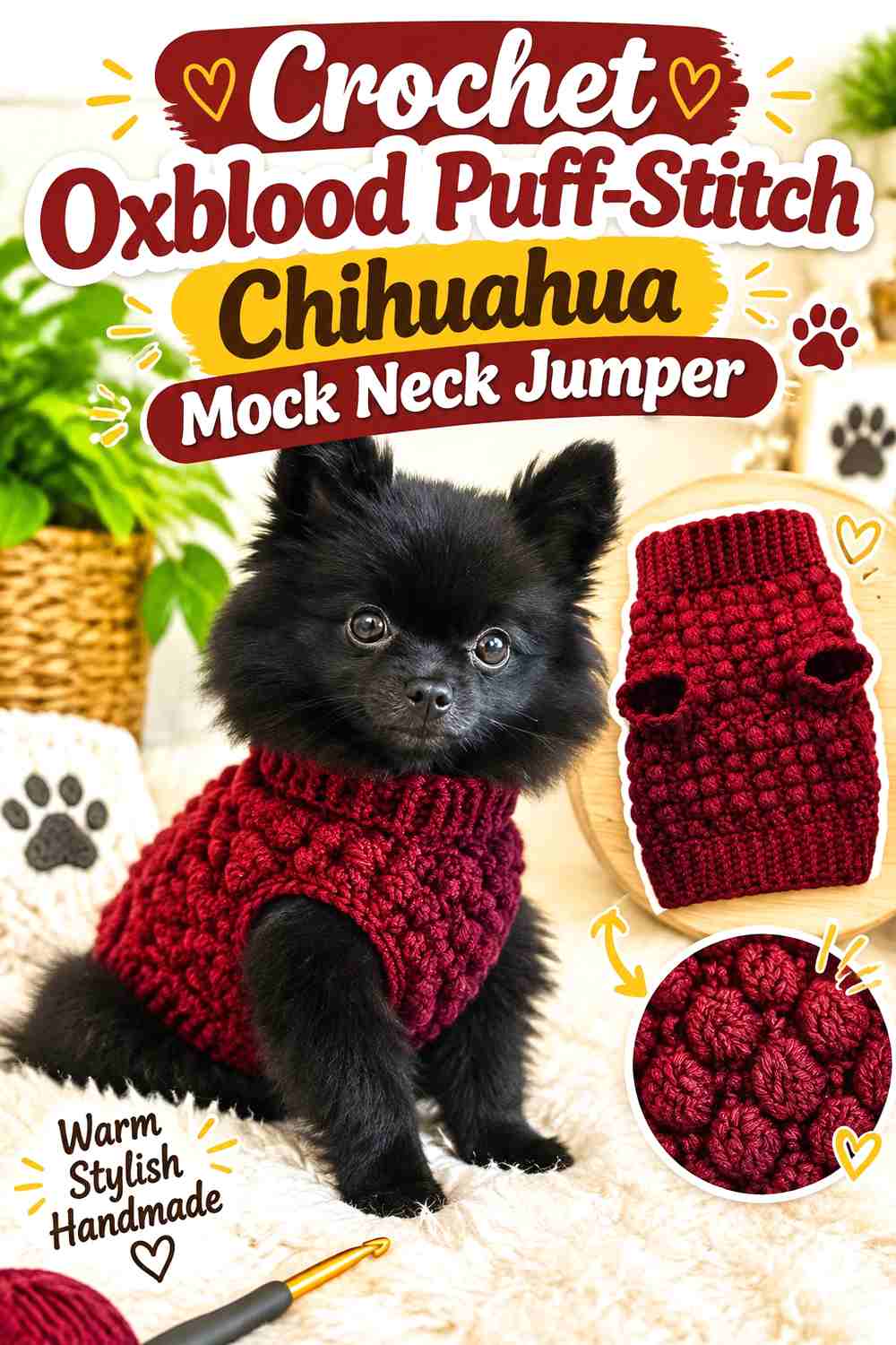 Crochet Oxblood Puff-Stitch Chihuahua Mock Neck Jumper