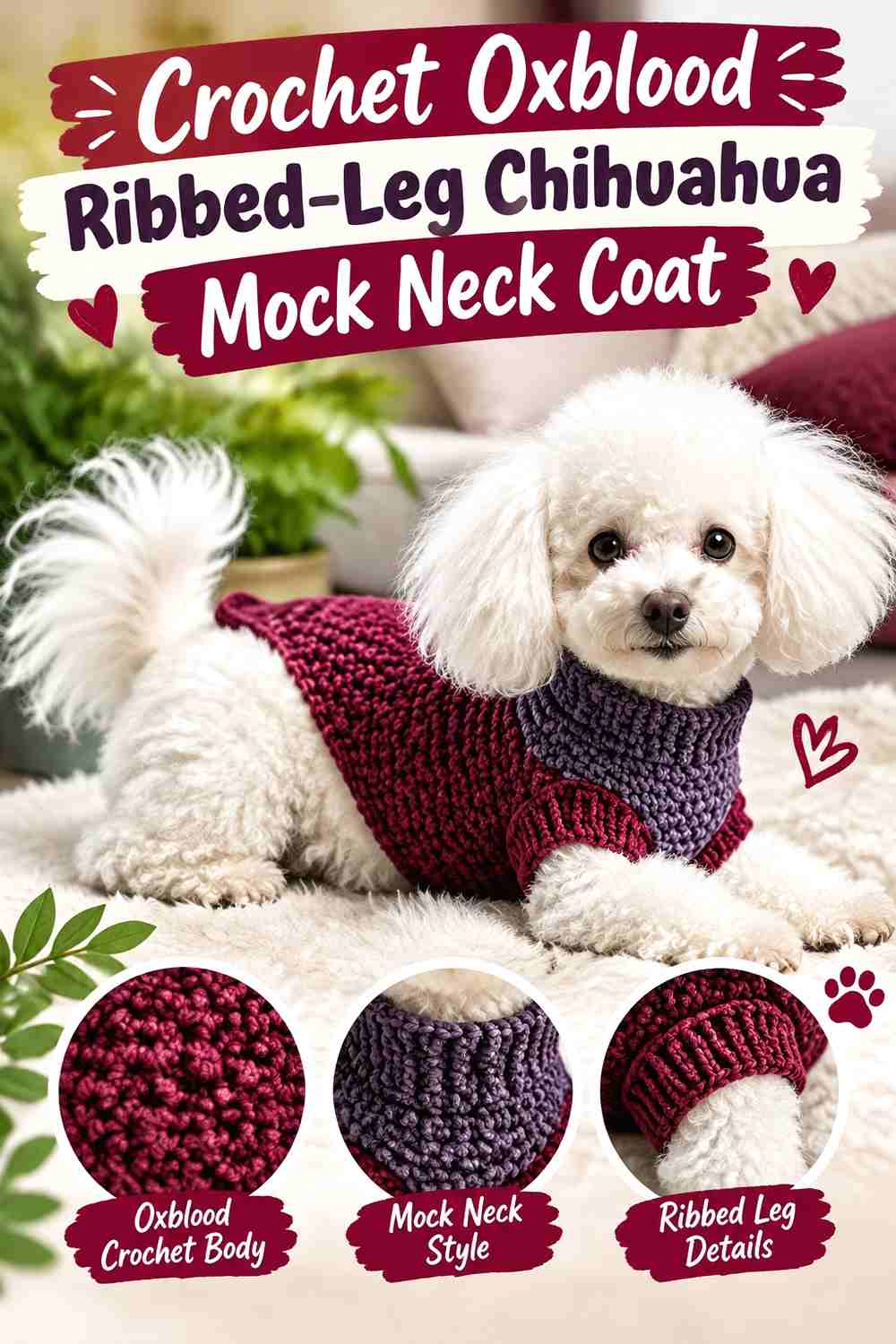 Crochet Oxblood Ribbed-Leg Chihuahua Mock Neck Coat