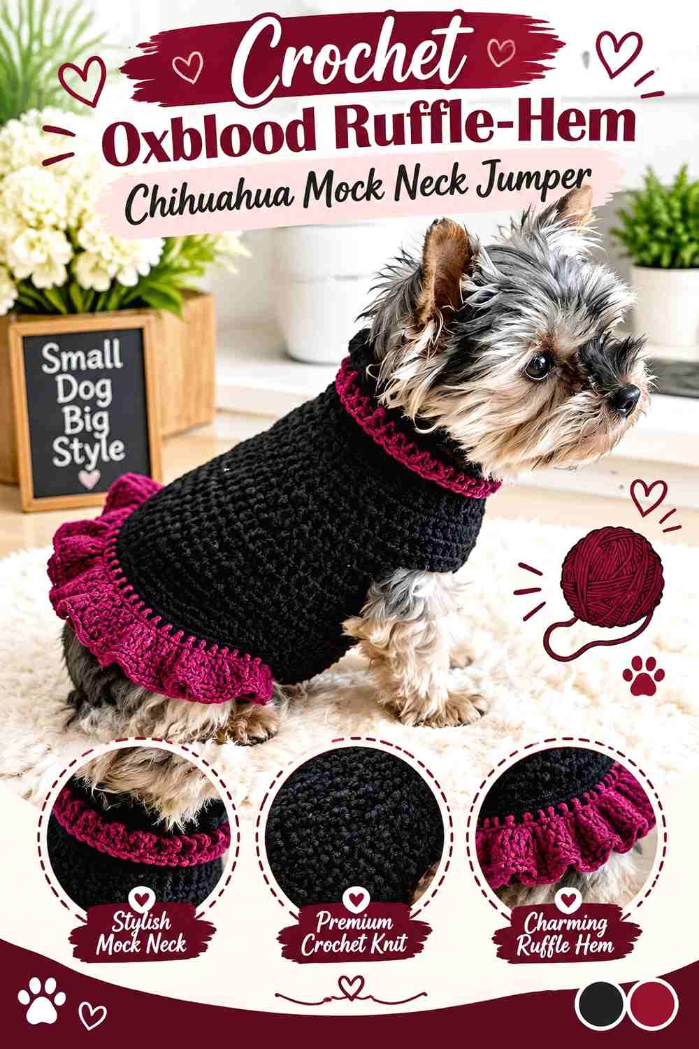 Crochet Oxblood Ruffle-Hem Chihuahua Mock Neck Jumper