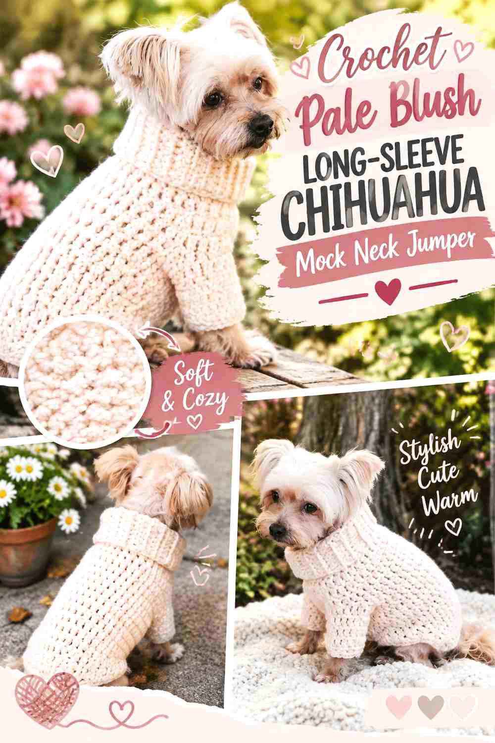 Crochet Pale Blush Long-Sleeve Chihuahua Mock Neck Jumper