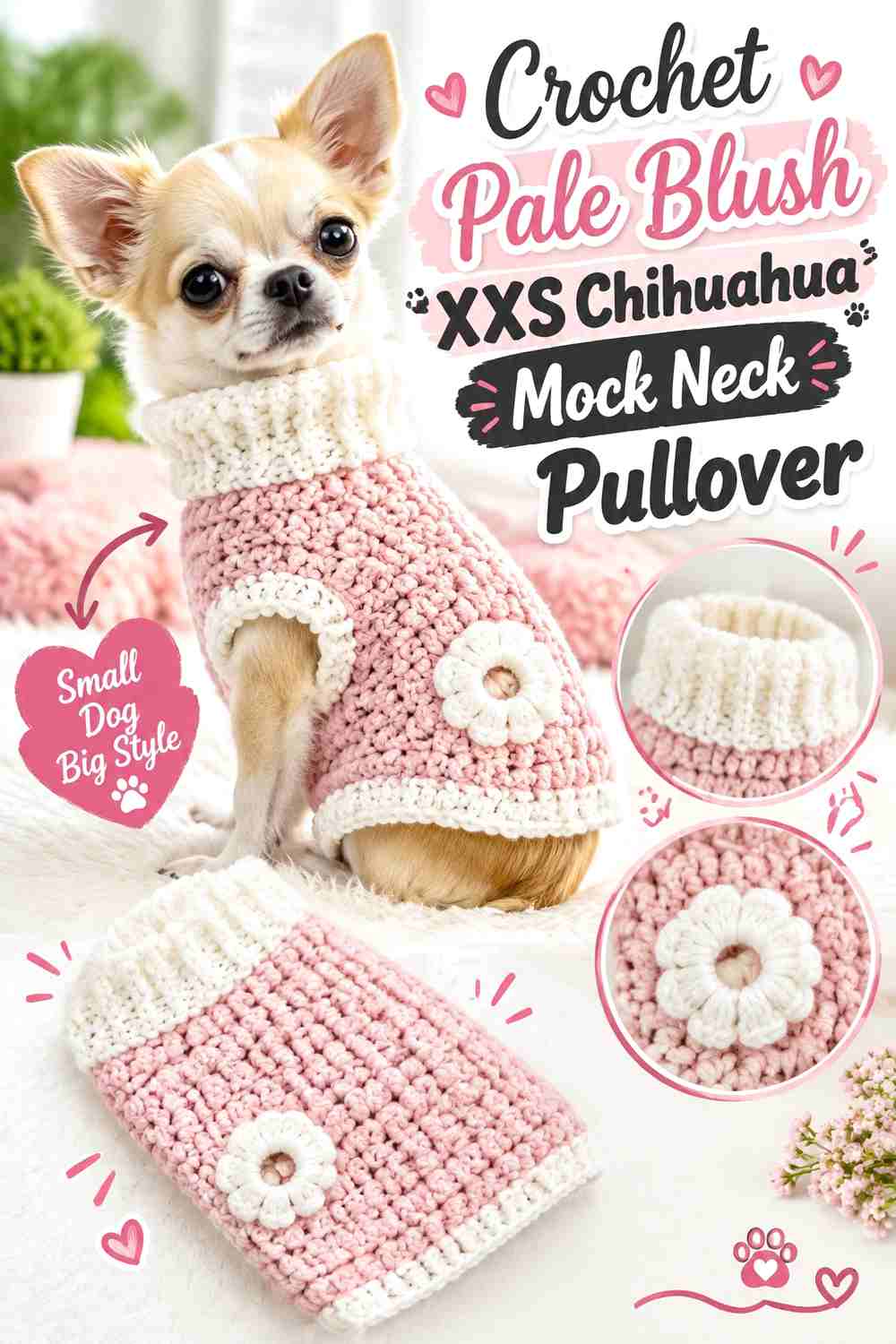 Crochet Pale Blush XXS Chihuahua Mock Neck Pullover