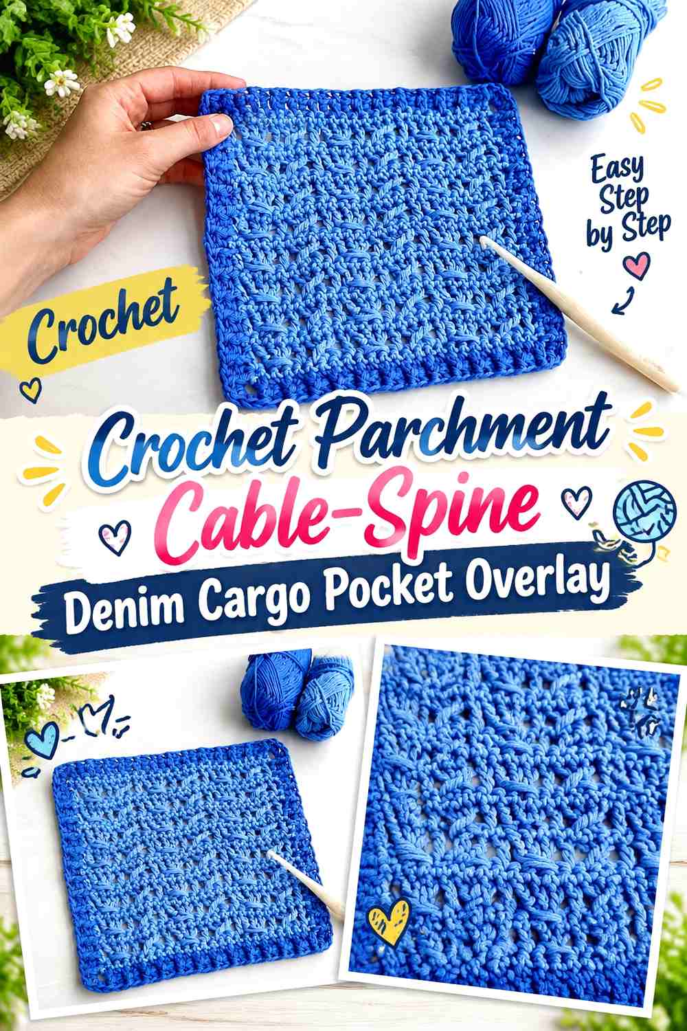 Crochet Parchment Cable-Spine Denim Cargo Pocket Overlay