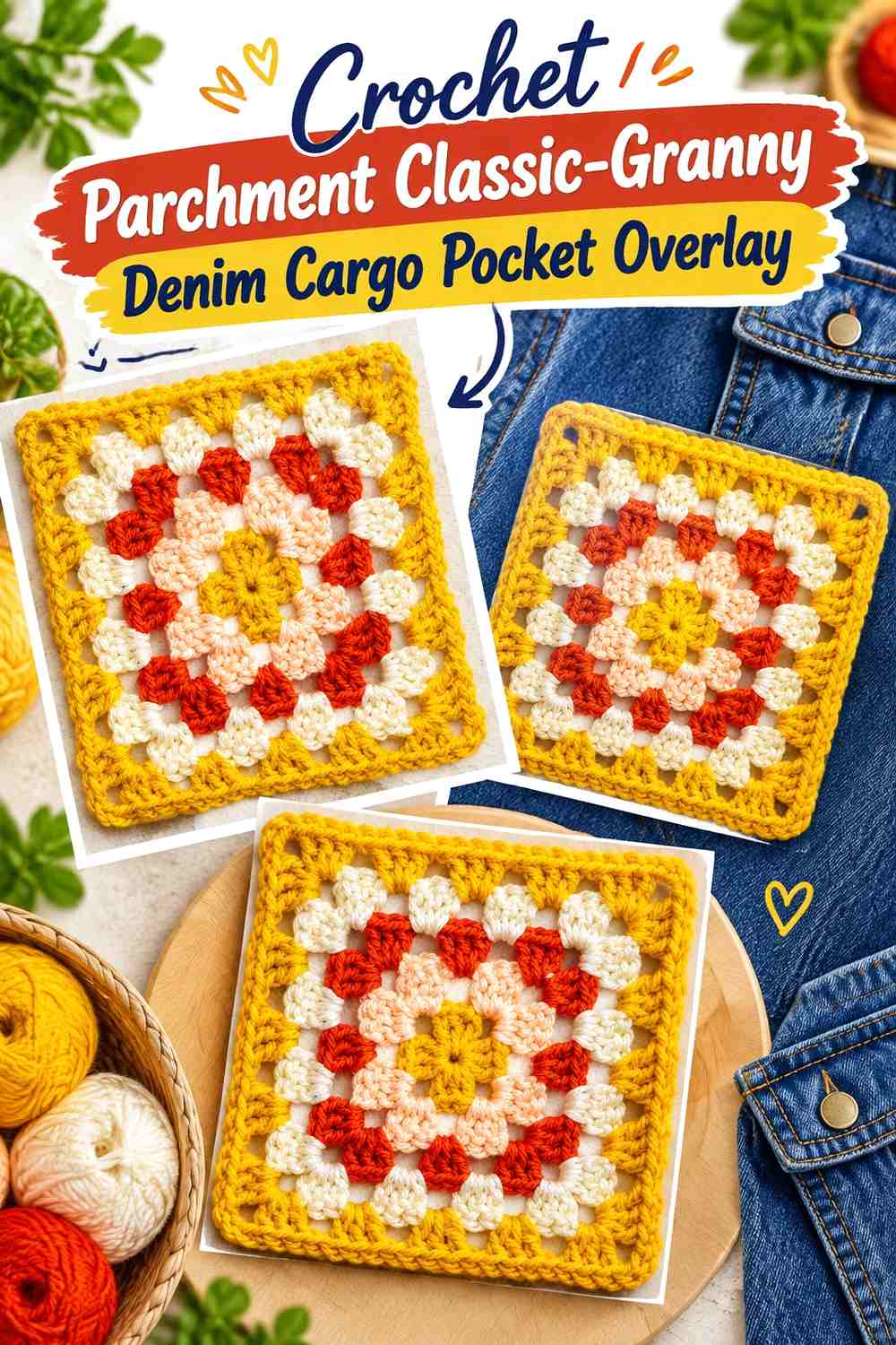 Crochet Parchment Classic-Granny Denim Cargo Pocket Overlay