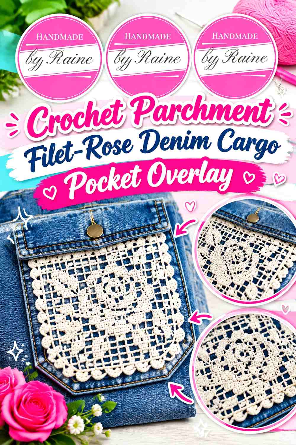 Crochet Parchment Filet-Rose Denim Cargo Pocket Overlay