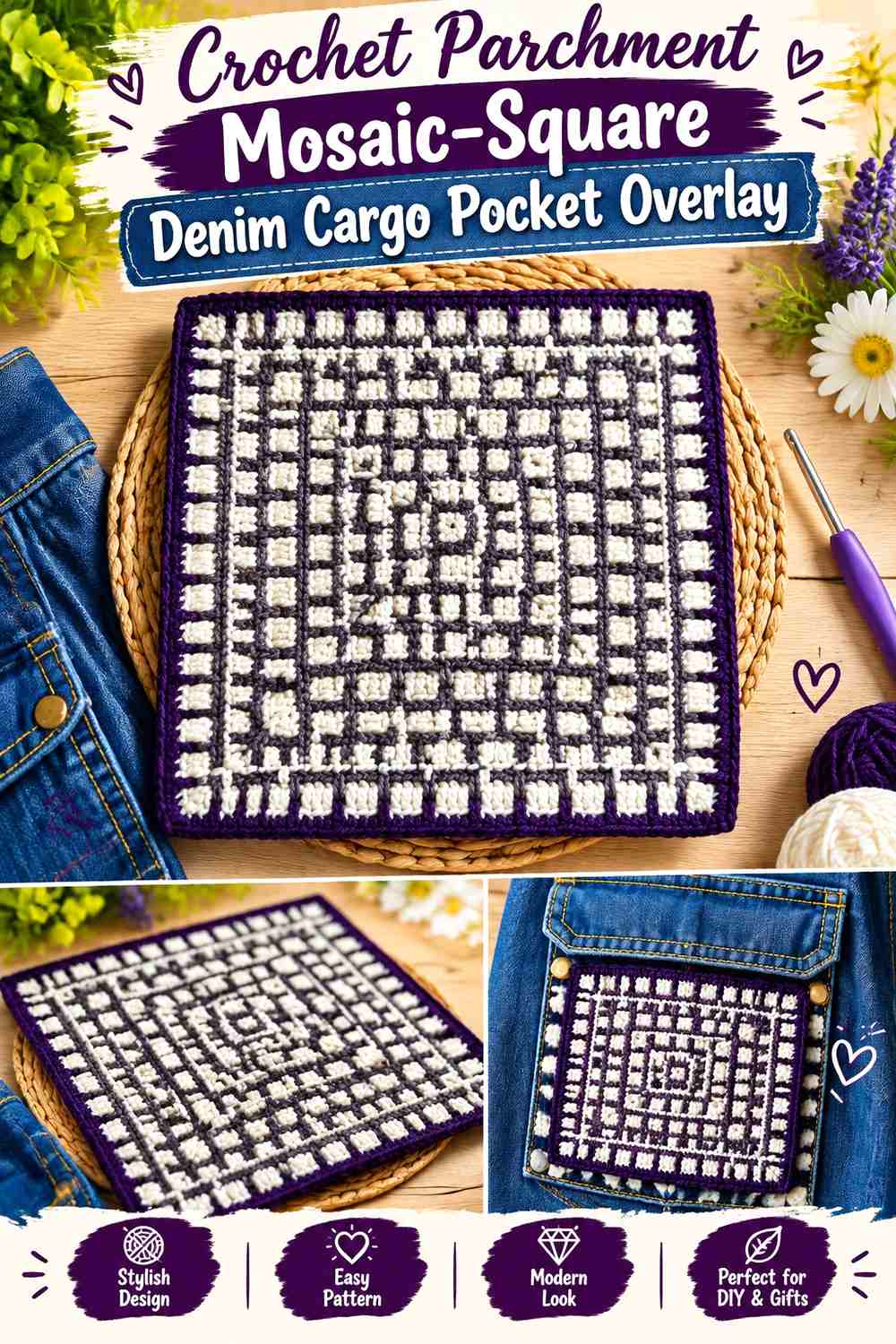 Crochet Parchment Mosaic-Square Denim Cargo Pocket Overlay