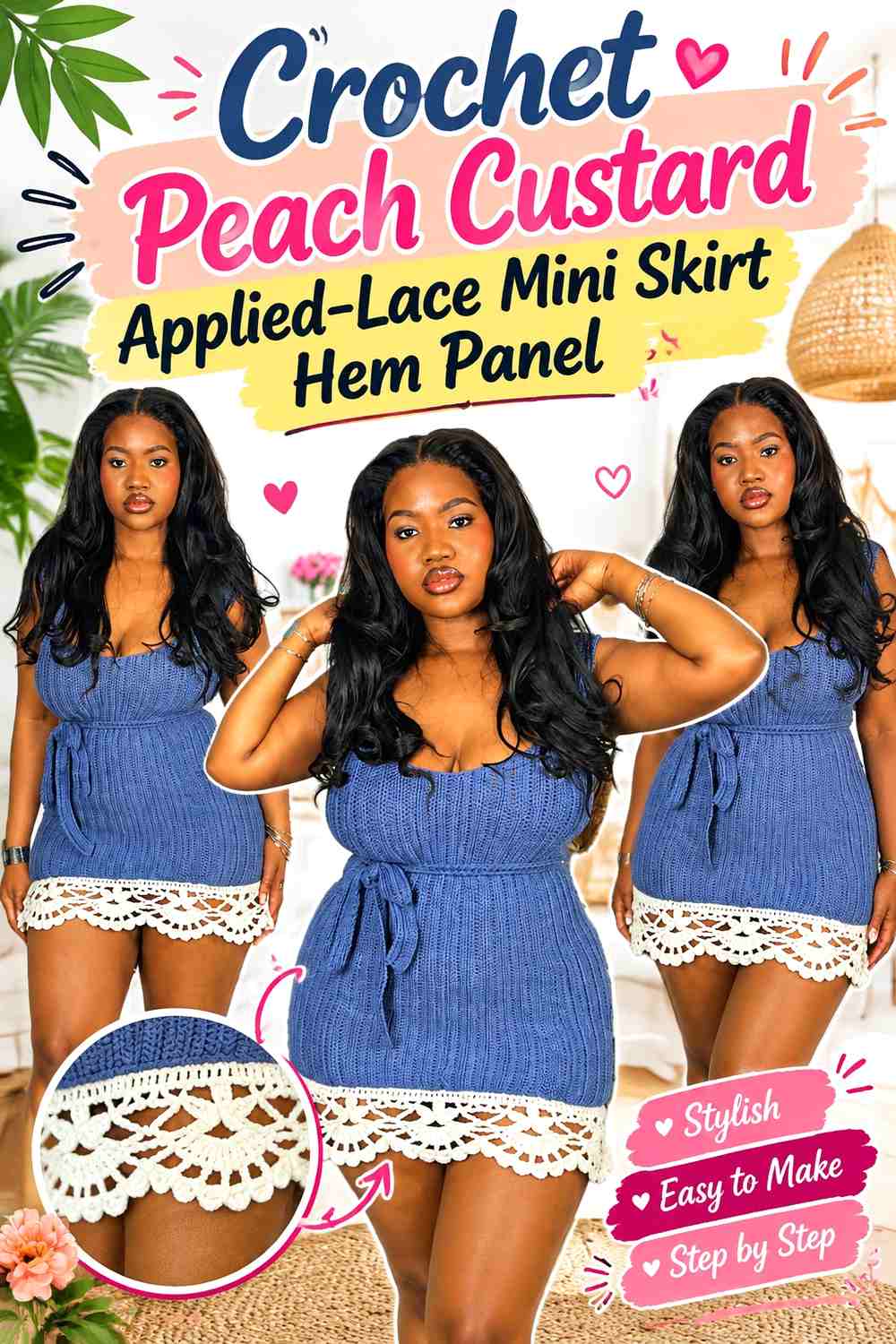 Crochet Peach Custard Applied-Lace Mini Skirt Hem Panel