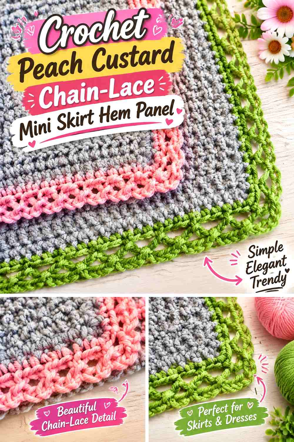 Crochet Peach Custard Chain-Lace Mini Skirt Hem Panel