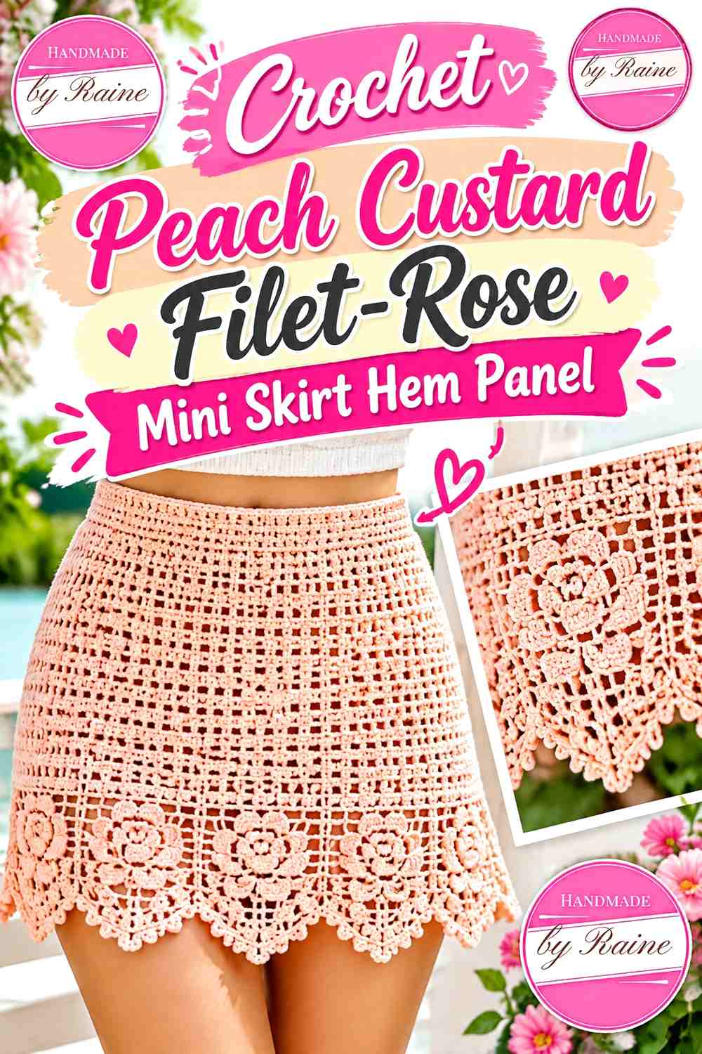Crochet Peach Custard Filet-Rose Mini Skirt Hem Panel