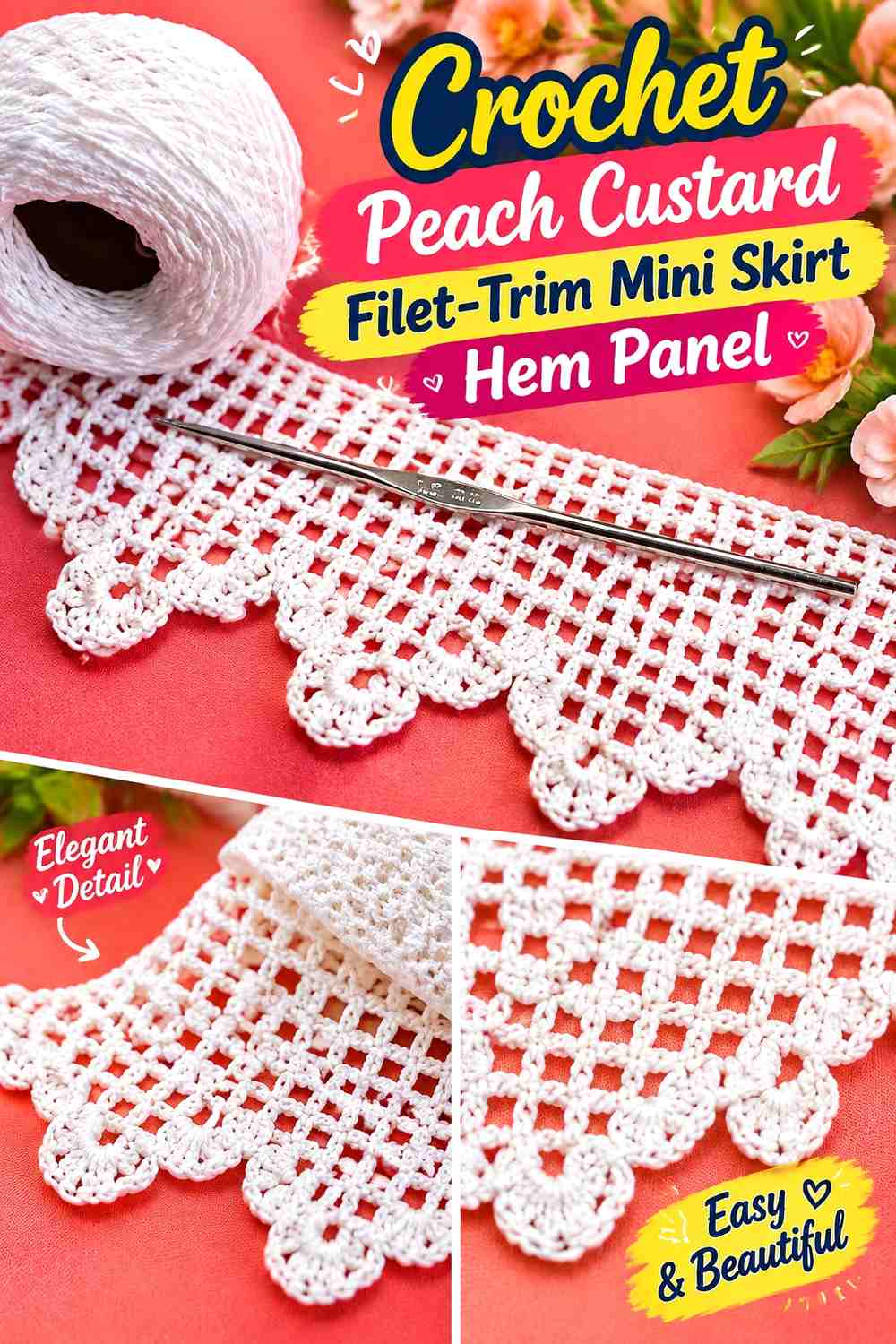 Crochet Peach Custard Filet-Trim Mini Skirt Hem Panel