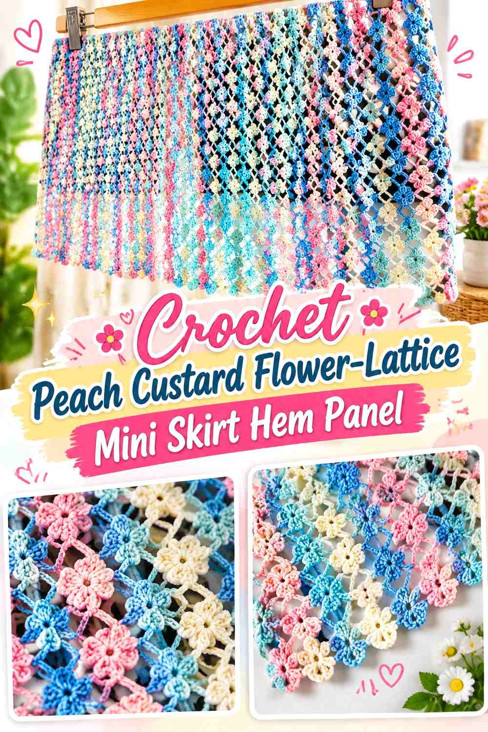 Crochet Peach Custard Flower-Lattice Mini Skirt Hem Panel