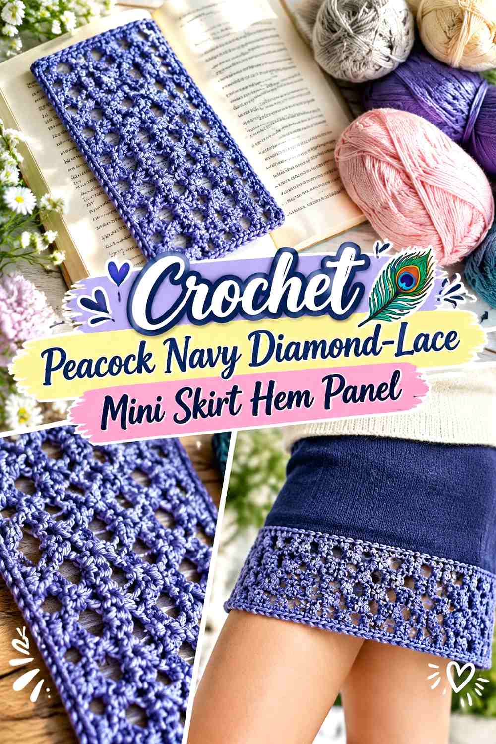 Crochet Peacock Navy Diamond-Lace Mini Skirt Hem Panel