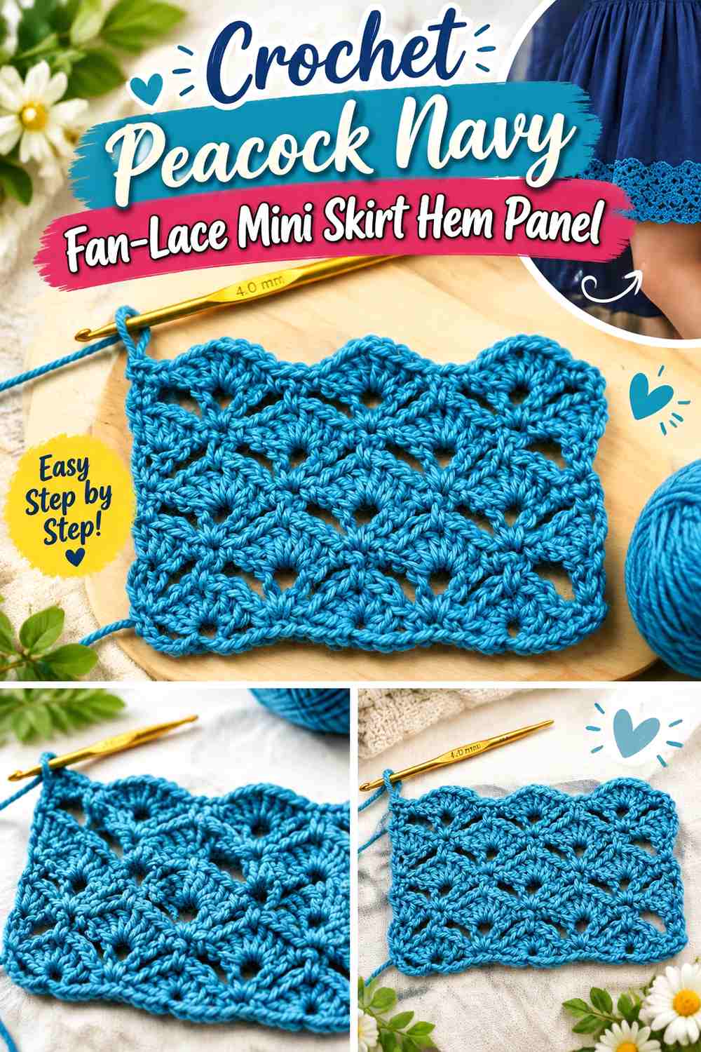 Crochet Peacock Navy Fan-Lace Mini Skirt Hem Panel