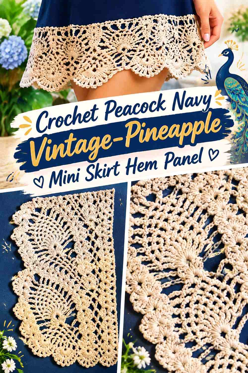 Crochet Peacock Navy Vintage-Pineapple Mini Skirt Hem Panel