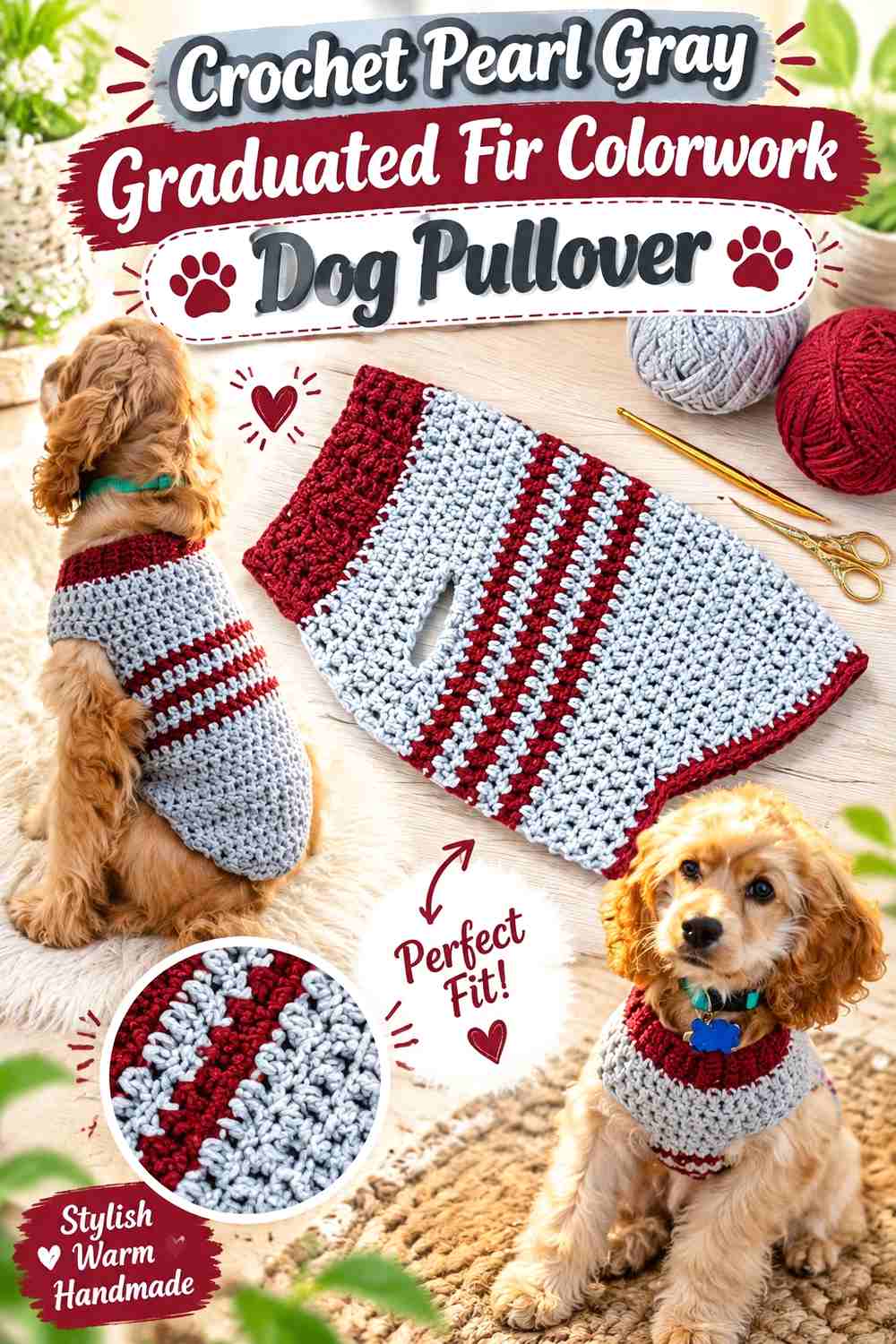 Crochet Pearl Gray Graduated Fir Colorwork Dog Pullover