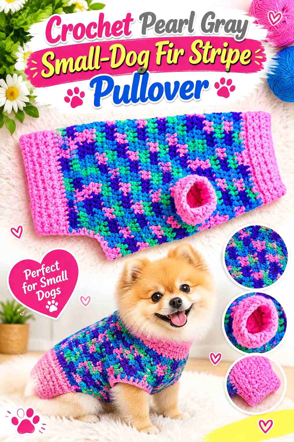 Crochet Pearl Gray Small-Dog Fir Stripe Pullover