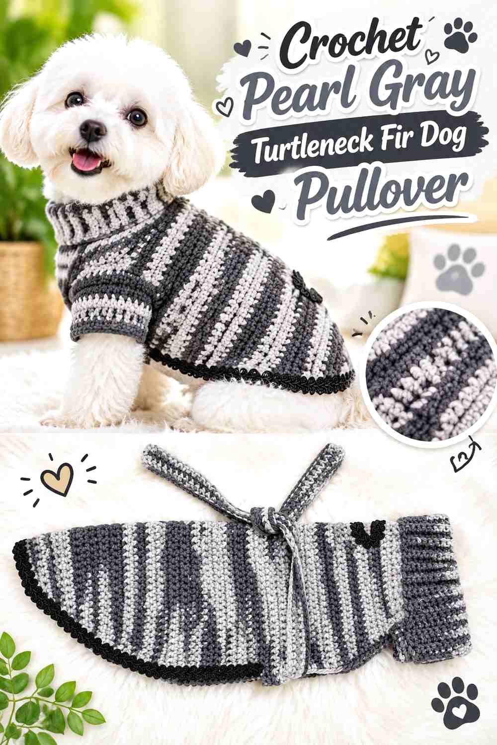 Crochet Pearl Gray Turtleneck Fir Dog Pullover