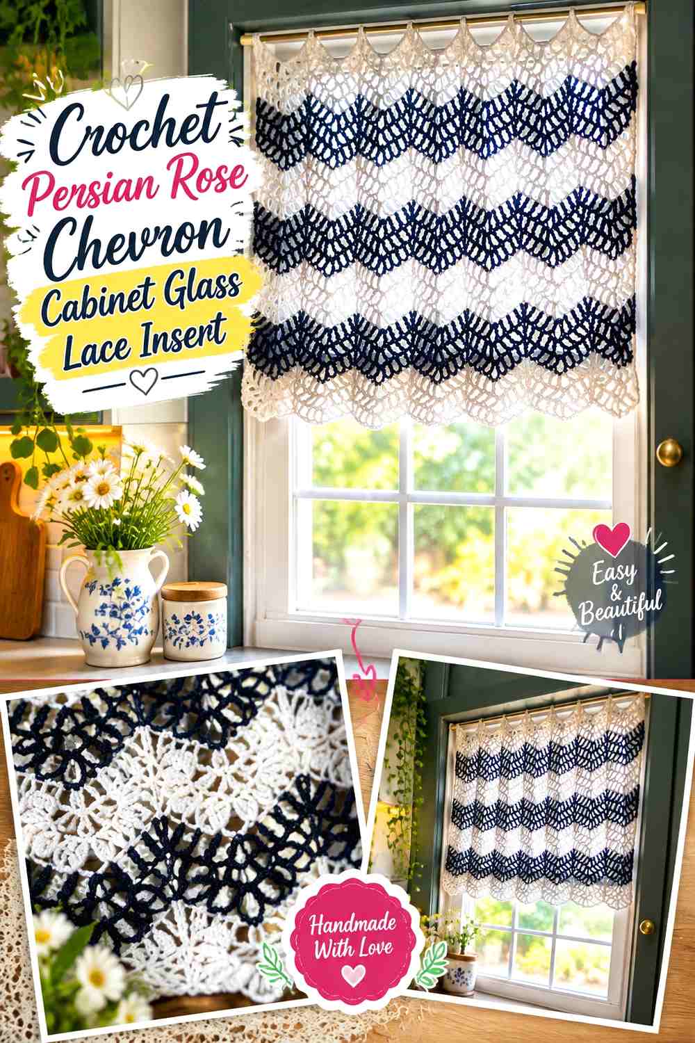 Crochet Persian Rose Chevron Cabinet Glass Lace Insert