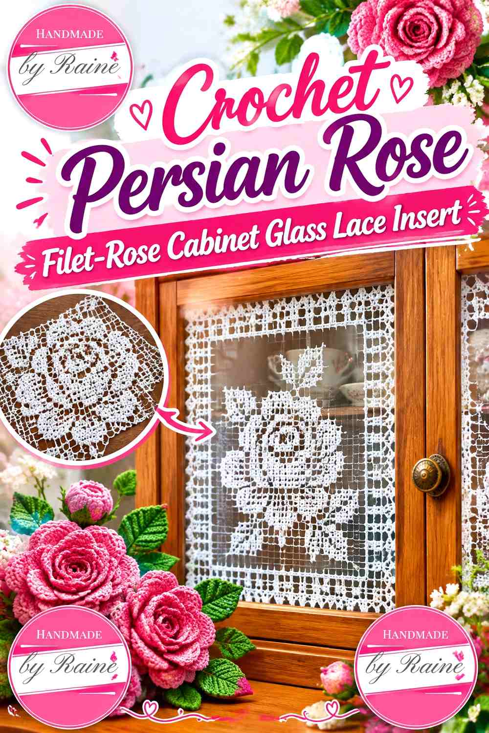 Crochet Persian Rose Filet-Rose Cabinet Glass Lace Insert