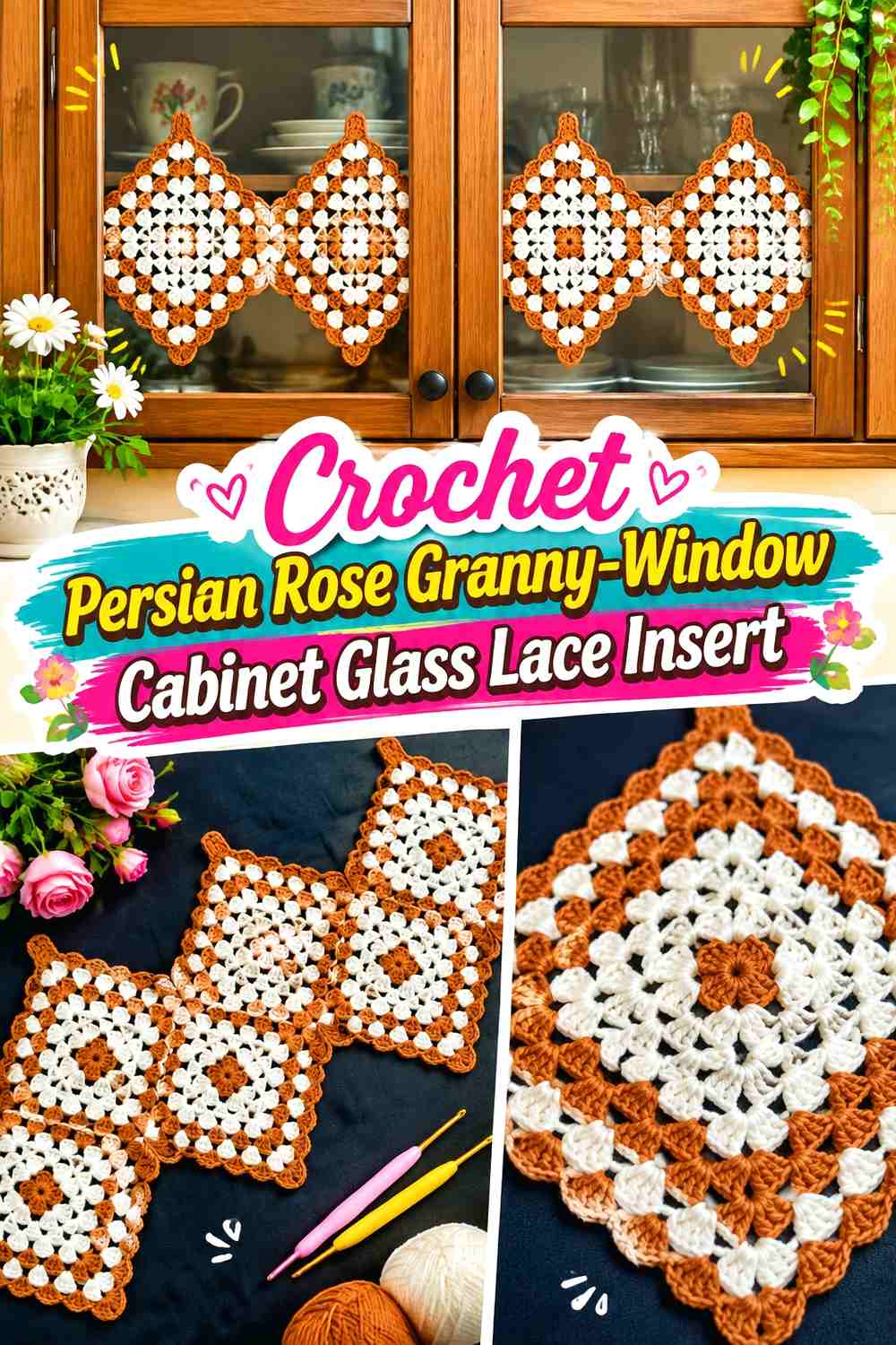 Crochet Persian Rose Granny-Window Cabinet Glass Lace Insert