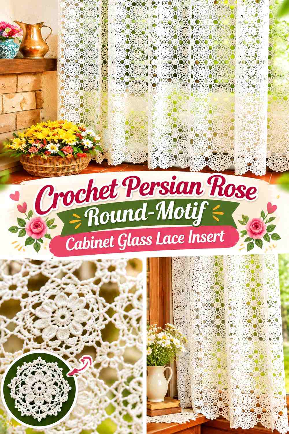 Crochet Persian Rose Round-Motif Cabinet Glass Lace Insert