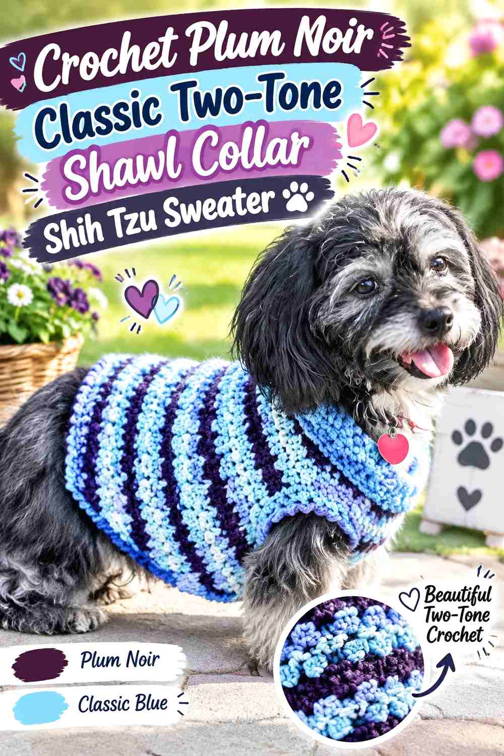 Crochet Plum Noir Classic Two-Tone Shawl Collar Shih Tzu Sweater