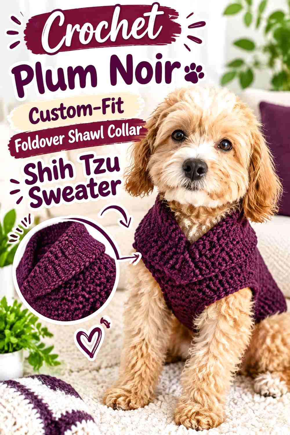 Crochet Plum Noir Custom-Fit Foldover Shawl Collar Shih Tzu Sweater