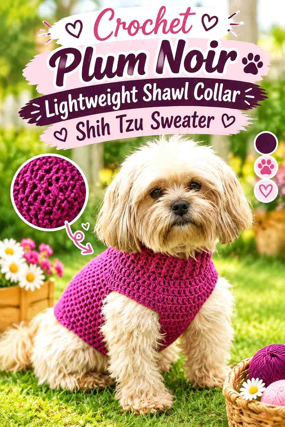 Crochet Plum Noir Lightweight Shawl Collar Shih Tzu Sweater