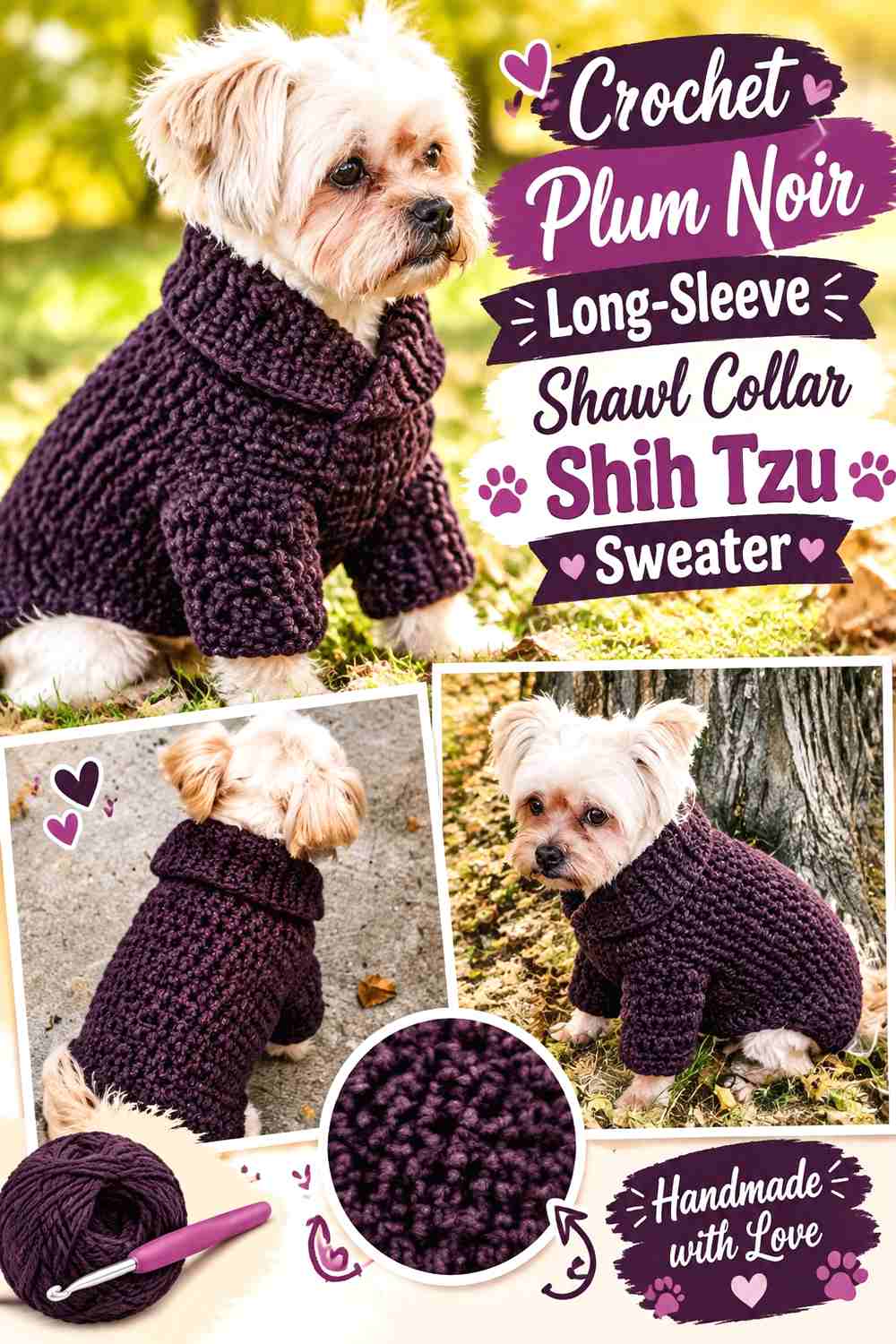Crochet Plum Noir Long-Sleeve Shawl Collar Shih Tzu Sweater