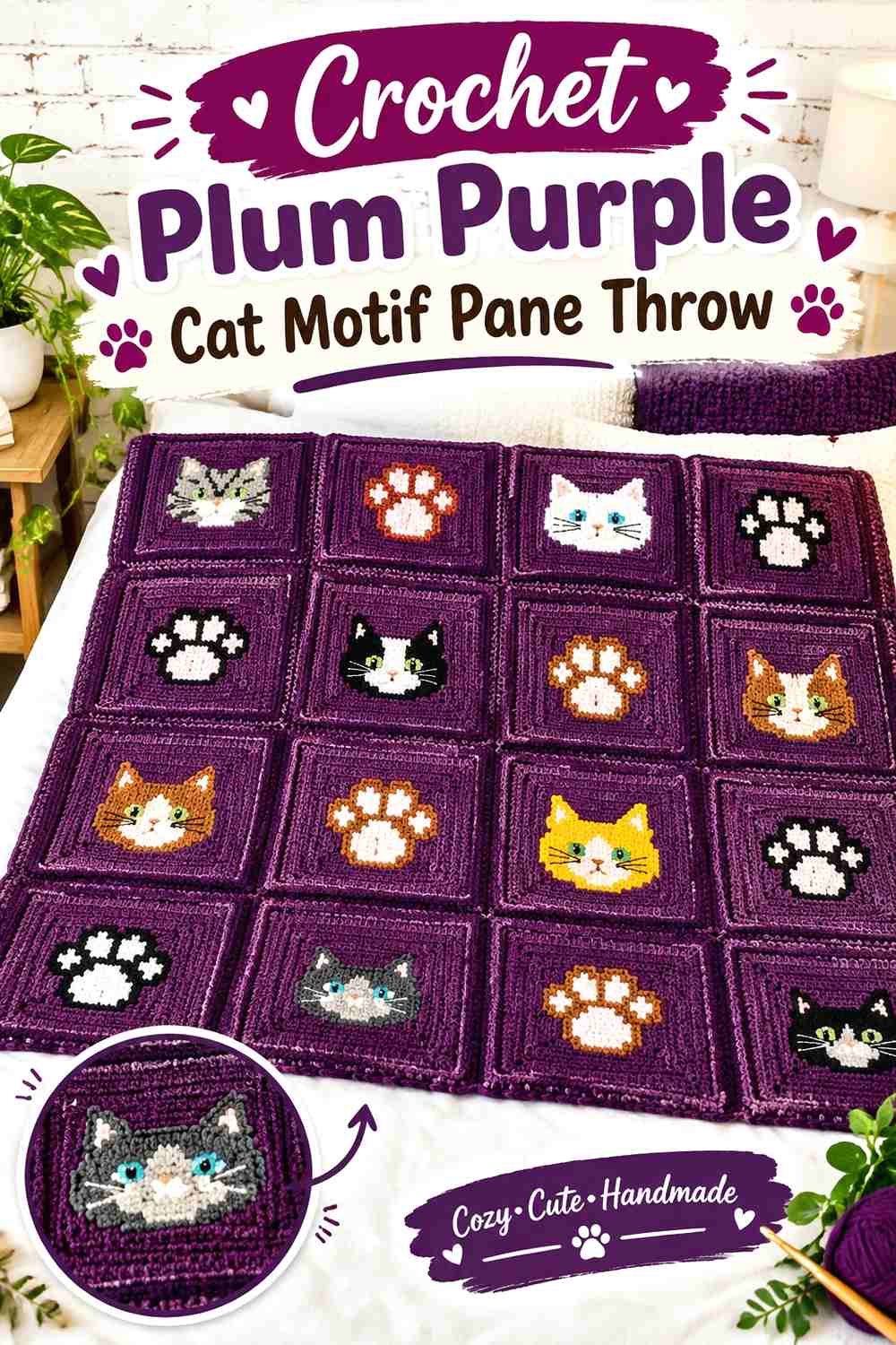 Crochet Plum Purple Cat Motif Pane Throw