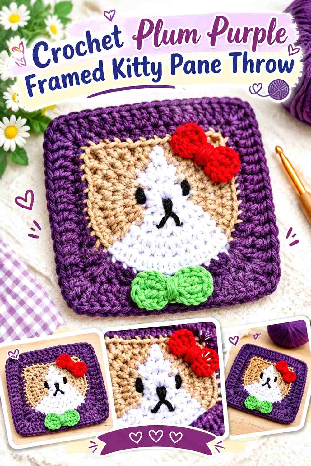 Crochet Plum Purple Framed Kitty Pane Throw
