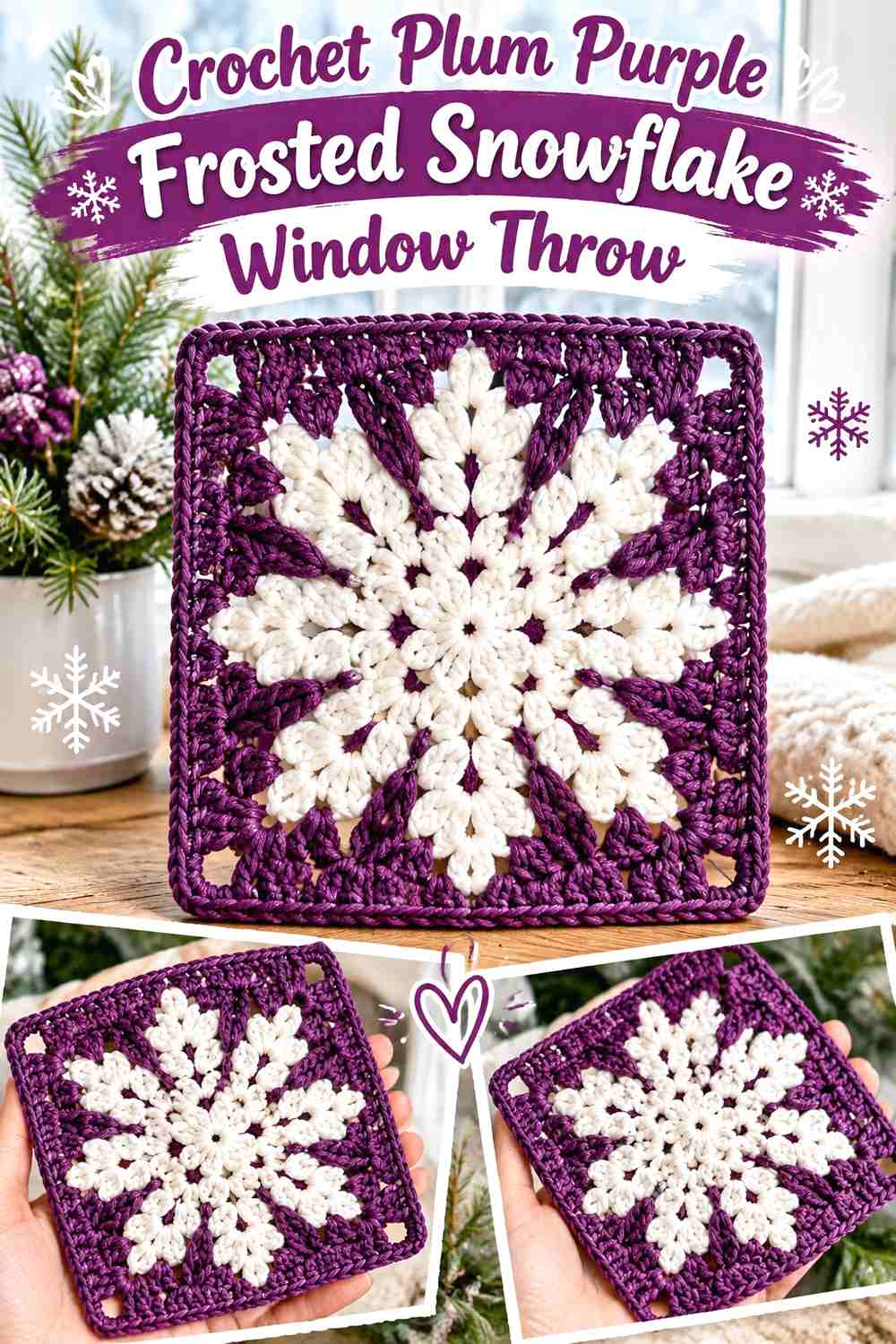 Crochet Plum Purple Frosted Snowflake Window Throw