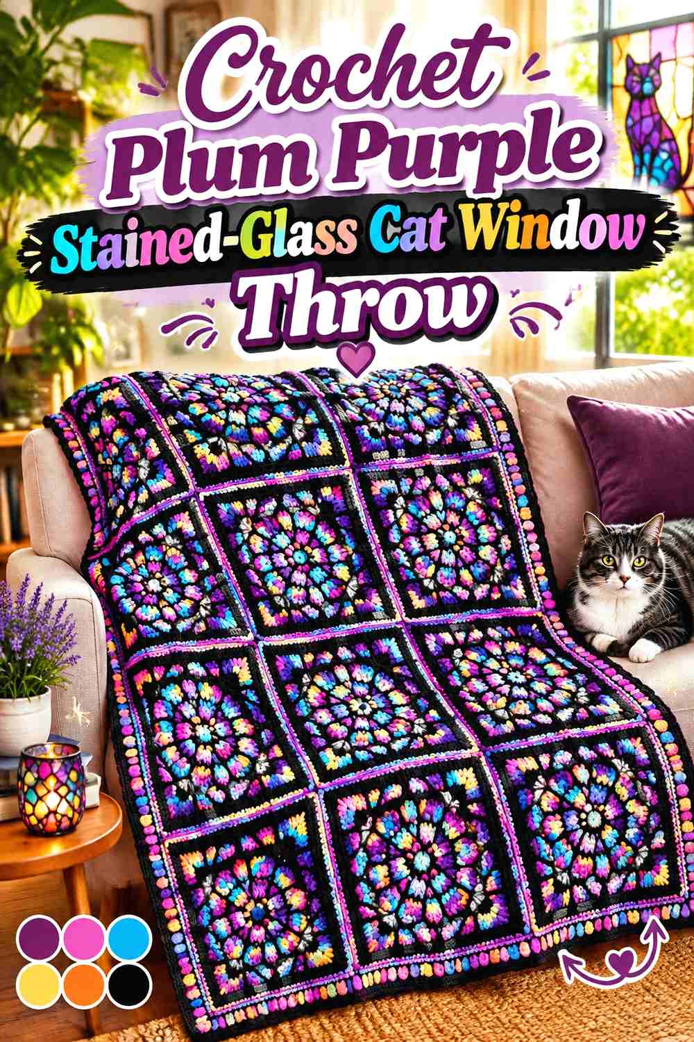 Crochet Plum Purple Stained-Glass Cat Window Throw