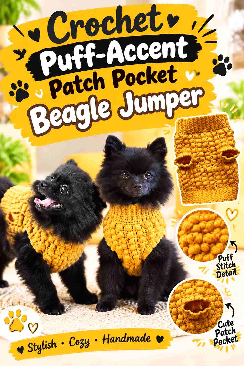 Crochet Puff-Accent Patch Pocket Beagle Jumper
