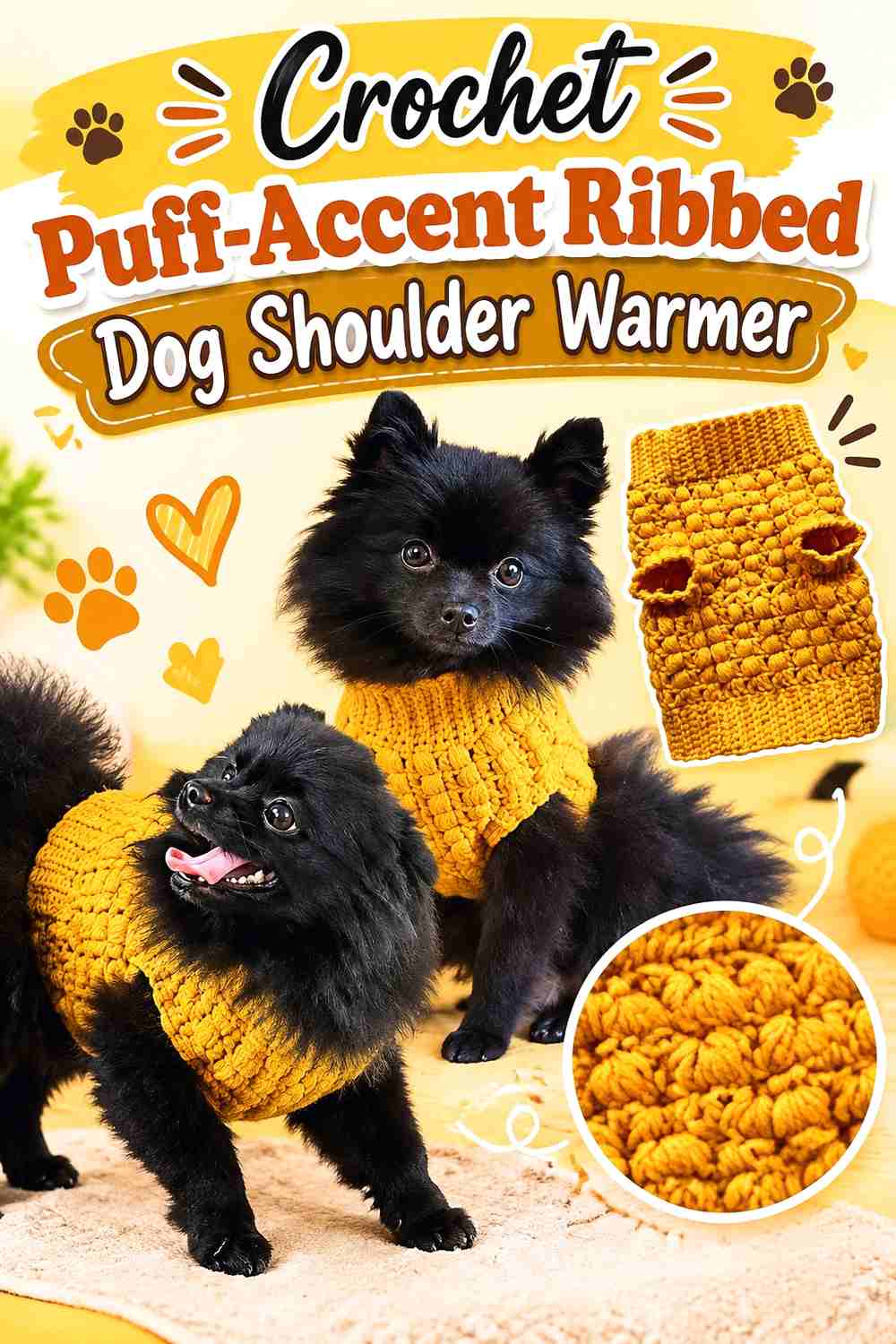 Crochet Puff-Accent Ribbed Dog Shoulder Warmer