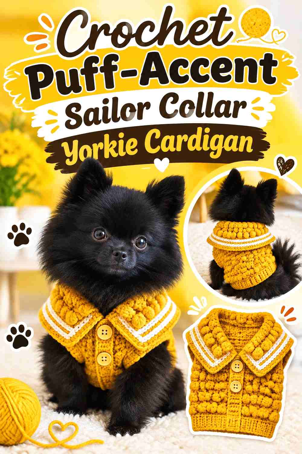 Crochet Puff-Accent Sailor Collar Yorkie Cardigan