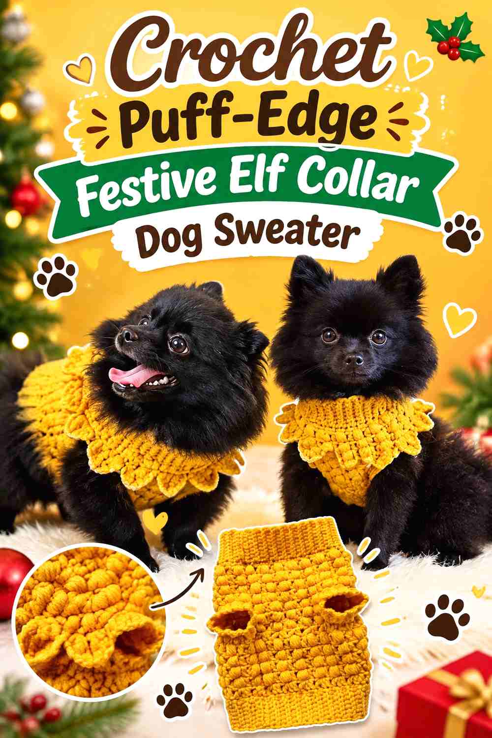 Crochet Puff-Edge Festive Elf Collar Dog Sweater
