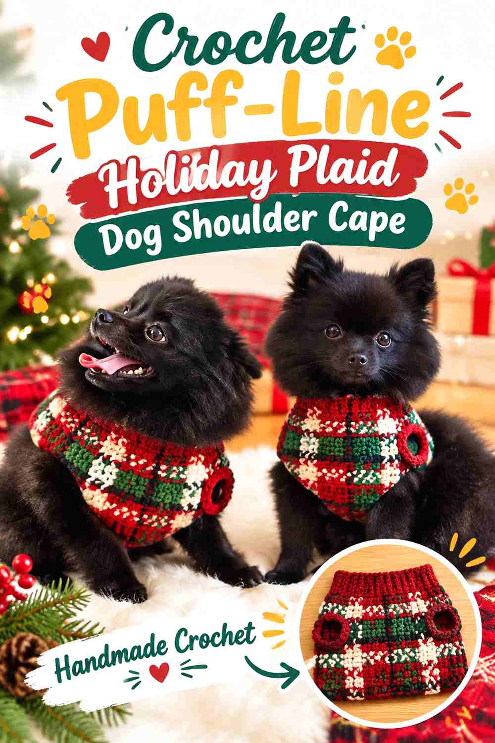 Crochet Puff-Line Holiday Plaid Dog Shoulder Cape