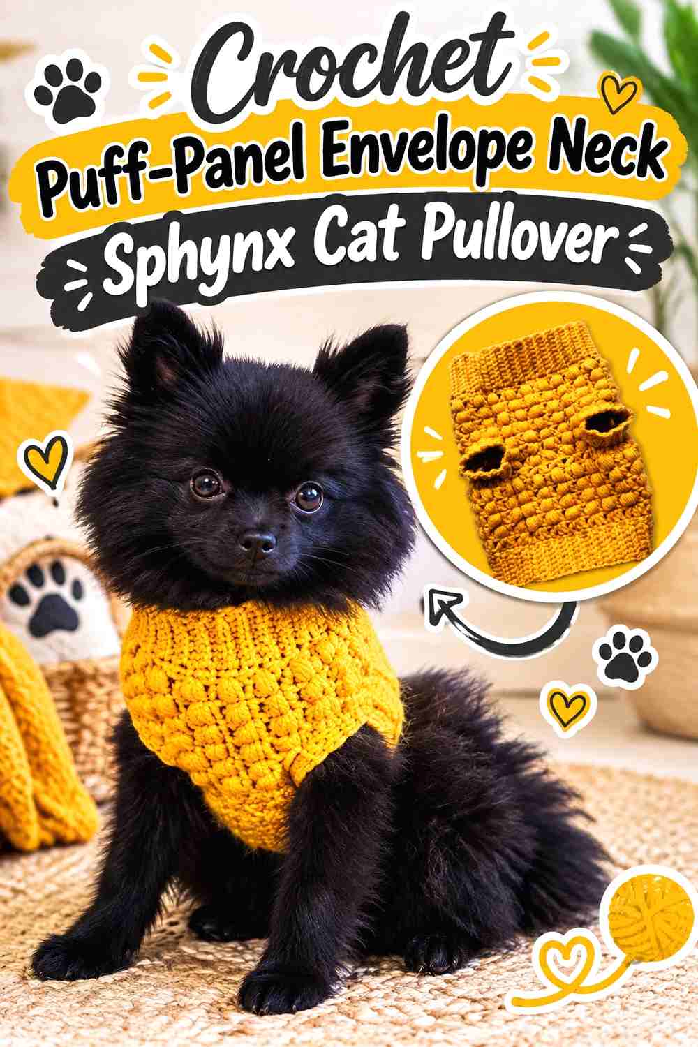 Crochet Puff-Panel Envelope Neck Sphynx Cat Pullover