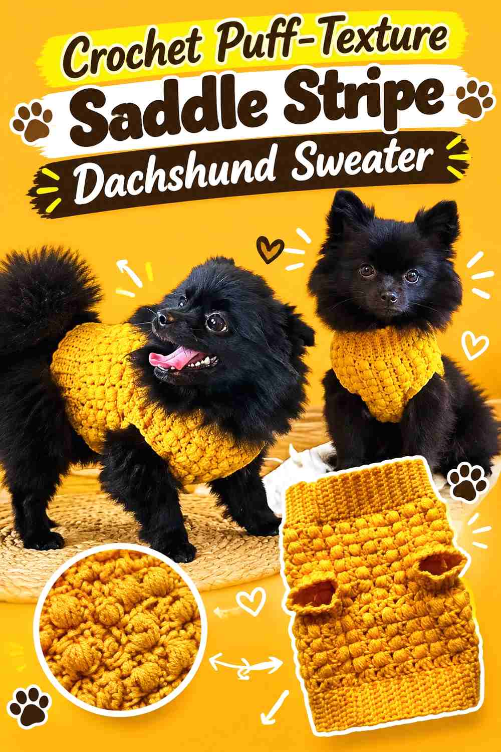 Crochet Puff-Texture Saddle Stripe Dachshund Sweater