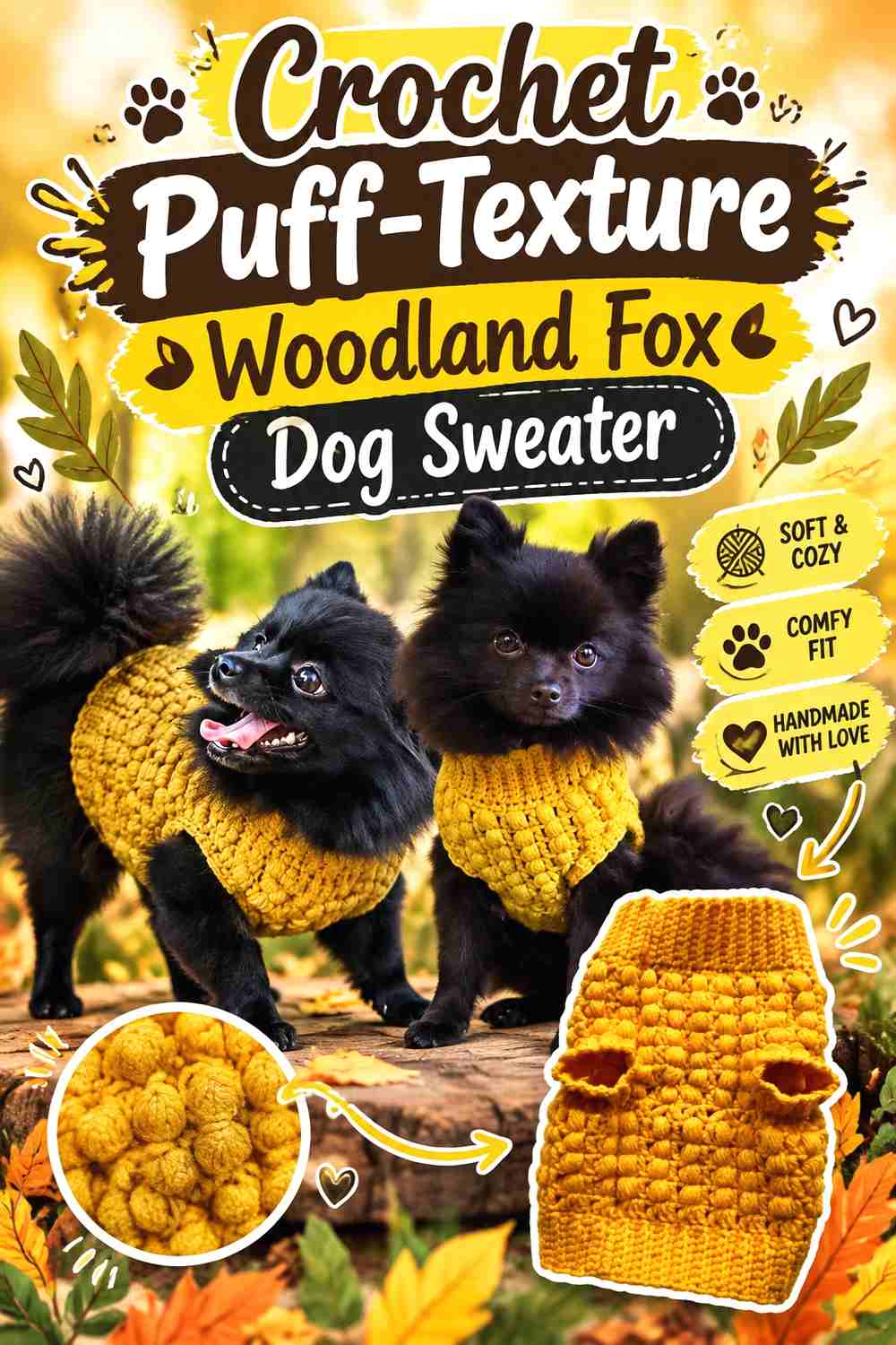 Crochet Puff-Texture Woodland Fox Dog Sweater