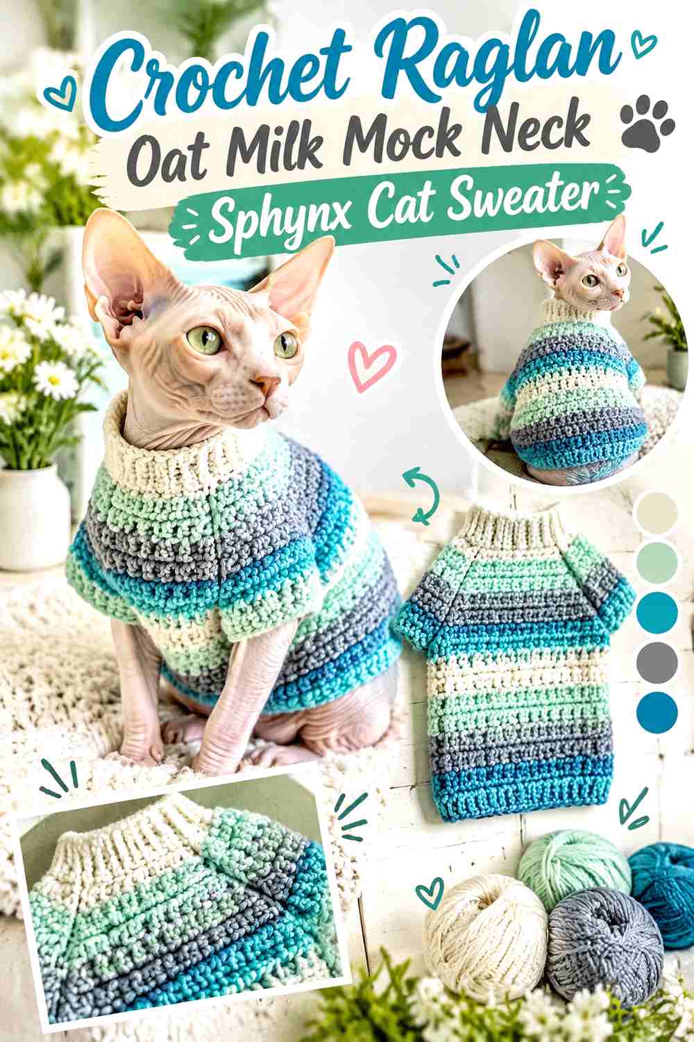 Crochet Raglan Oat Milk Mock Neck Sphynx Cat Sweater