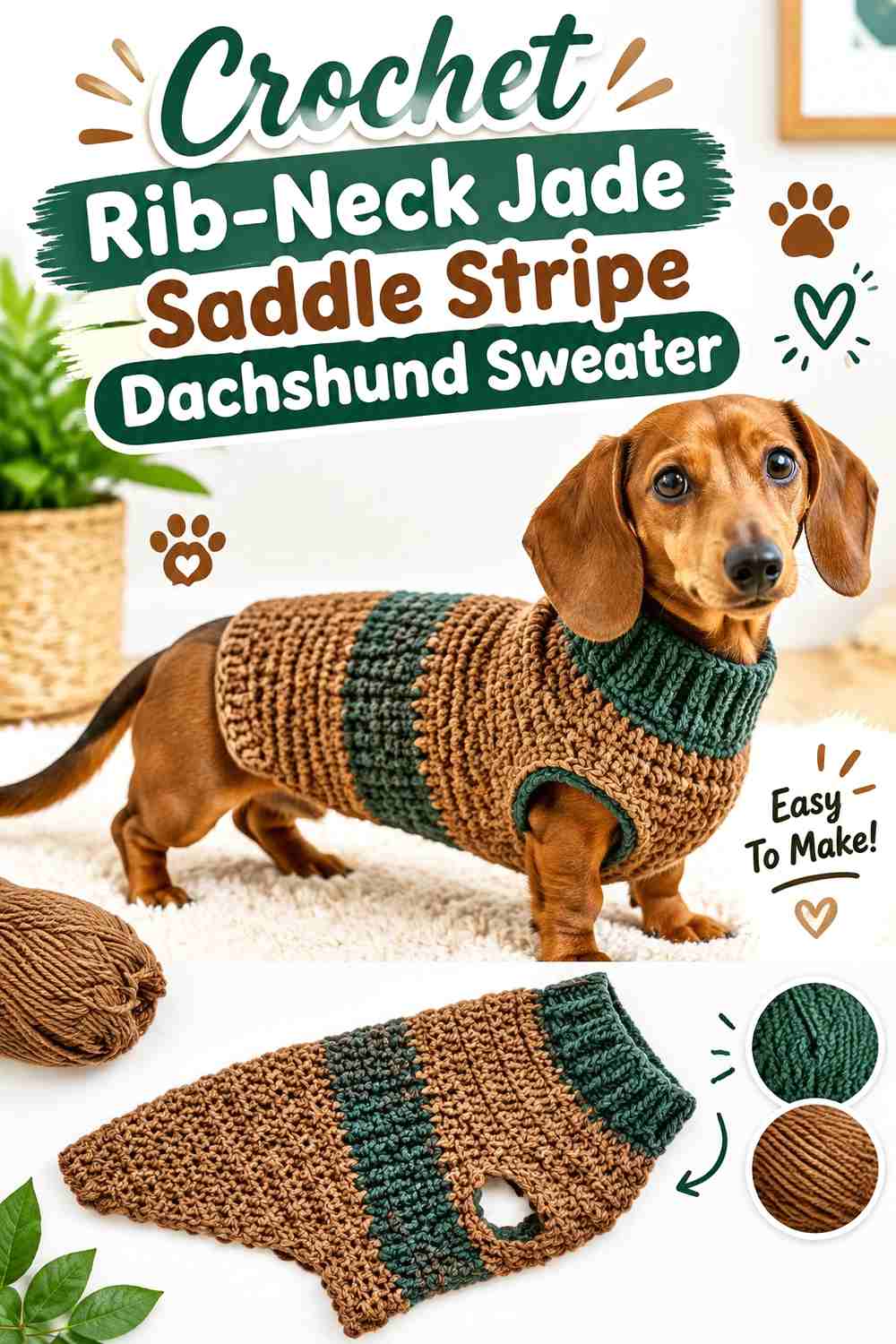 Crochet Rib-Neck Jade Saddle Stripe Dachshund Sweater
