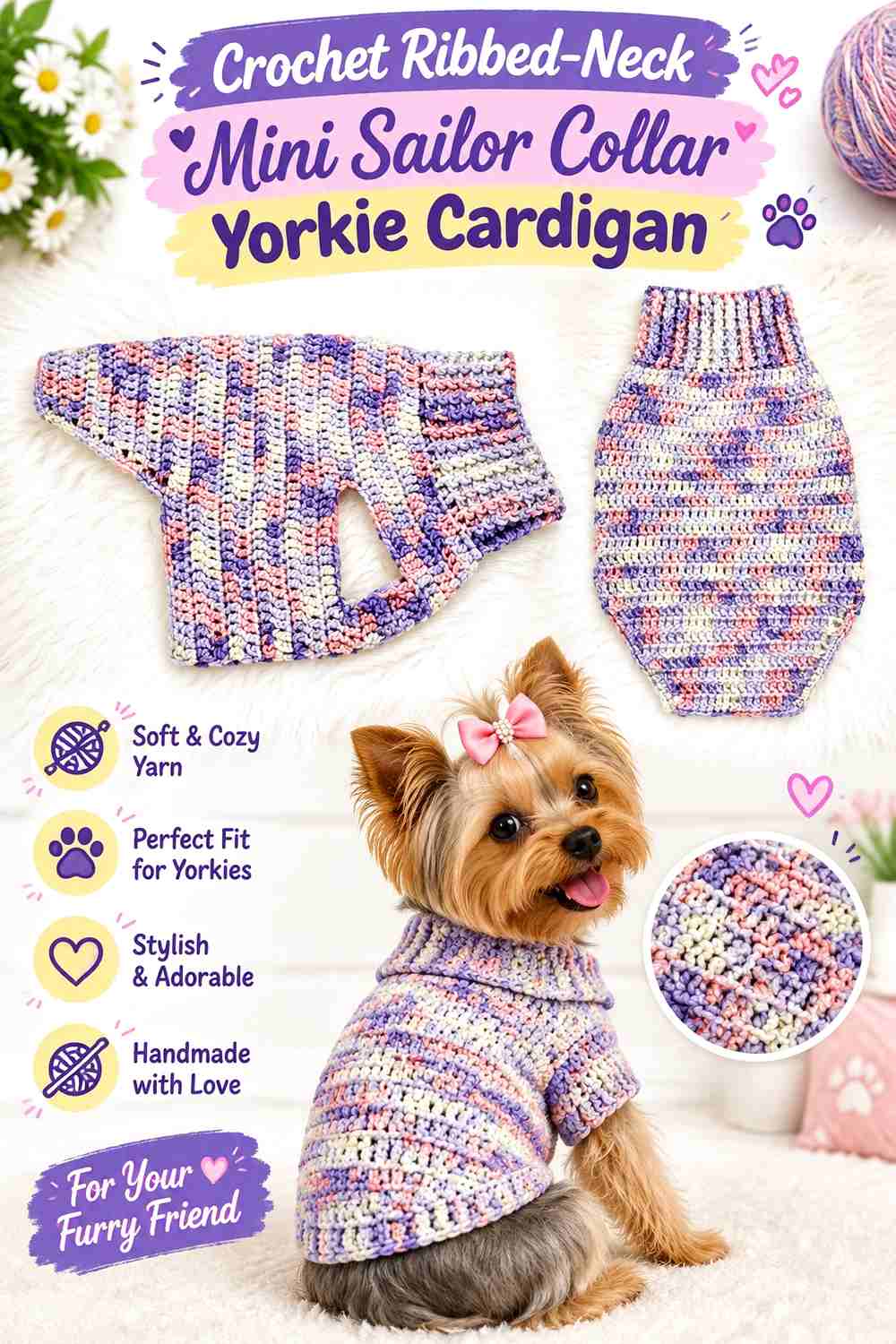 Crochet Ribbed-Neck Mini Sailor Collar Yorkie Cardigan