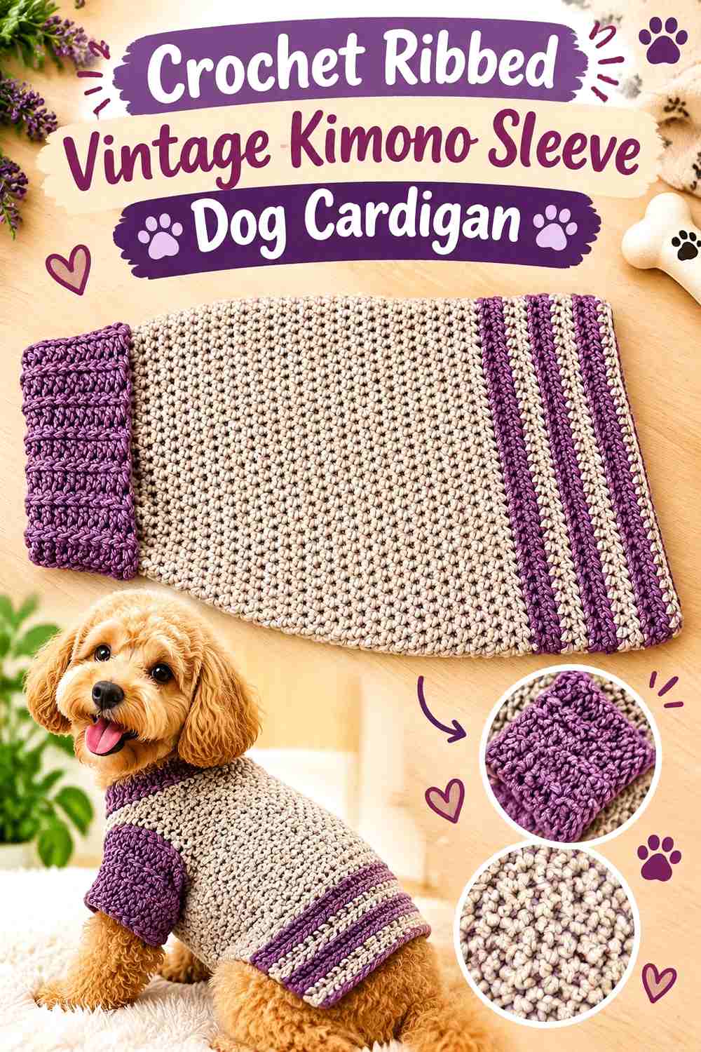 Crochet Ribbed Vintage Kimono Sleeve Dog Cardigan