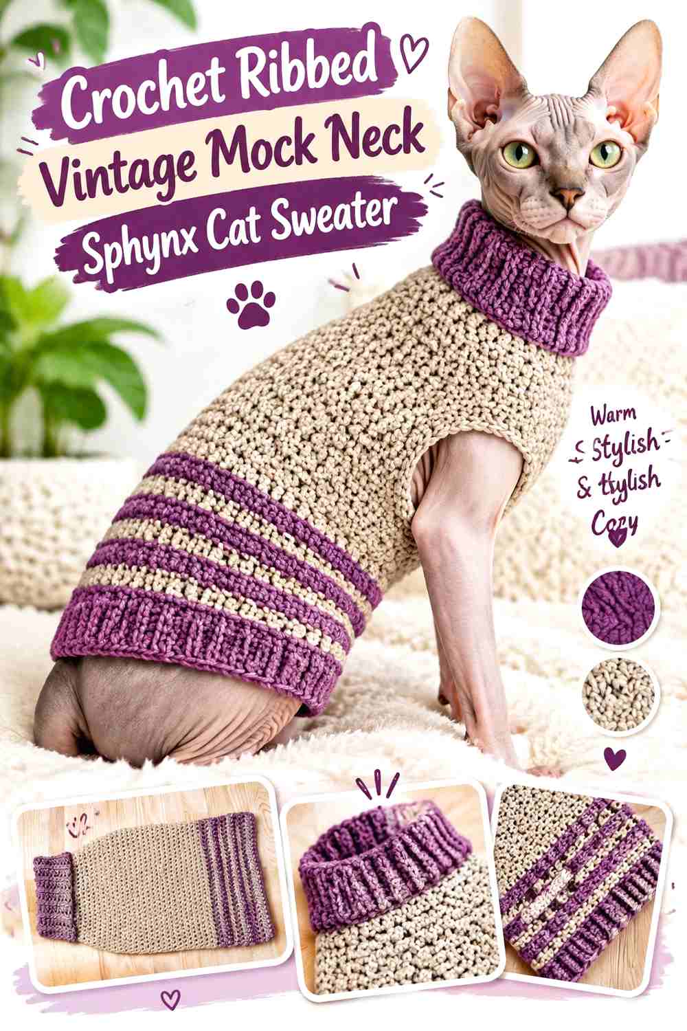 Crochet Ribbed Vintage Mock Neck Sphynx Cat Sweater