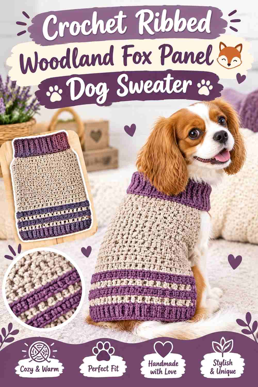 Crochet Ribbed Woodland Fox Panel Dog Sweater