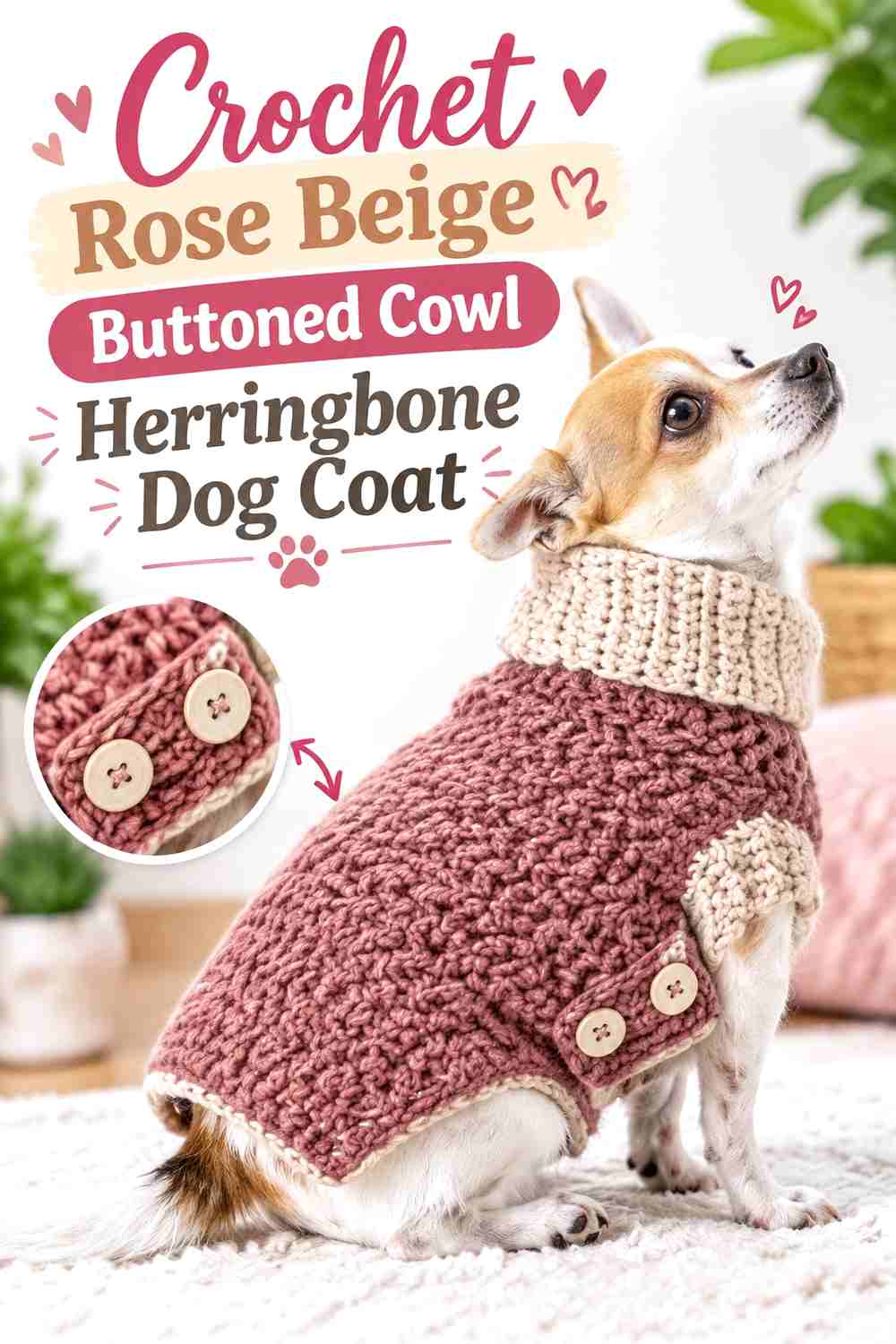 Crochet Rose Beige Buttoned Cowl Herringbone Dog Coat