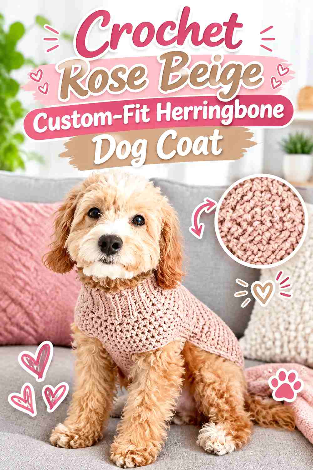 Crochet Rose Beige Custom-Fit Herringbone Dog Coat