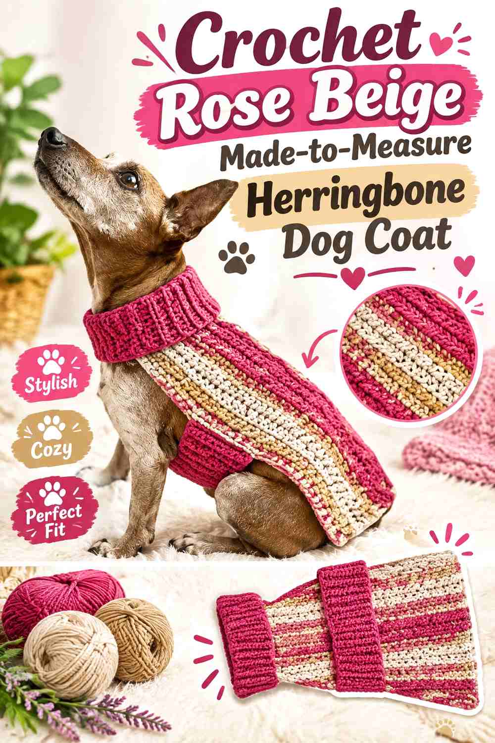 Crochet Rose Beige Made-to-Measure Herringbone Dog Coat