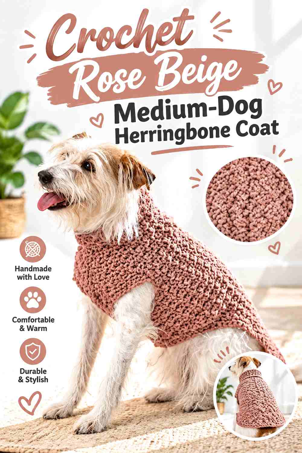 Crochet Rose Beige Medium-Dog Herringbone Coat